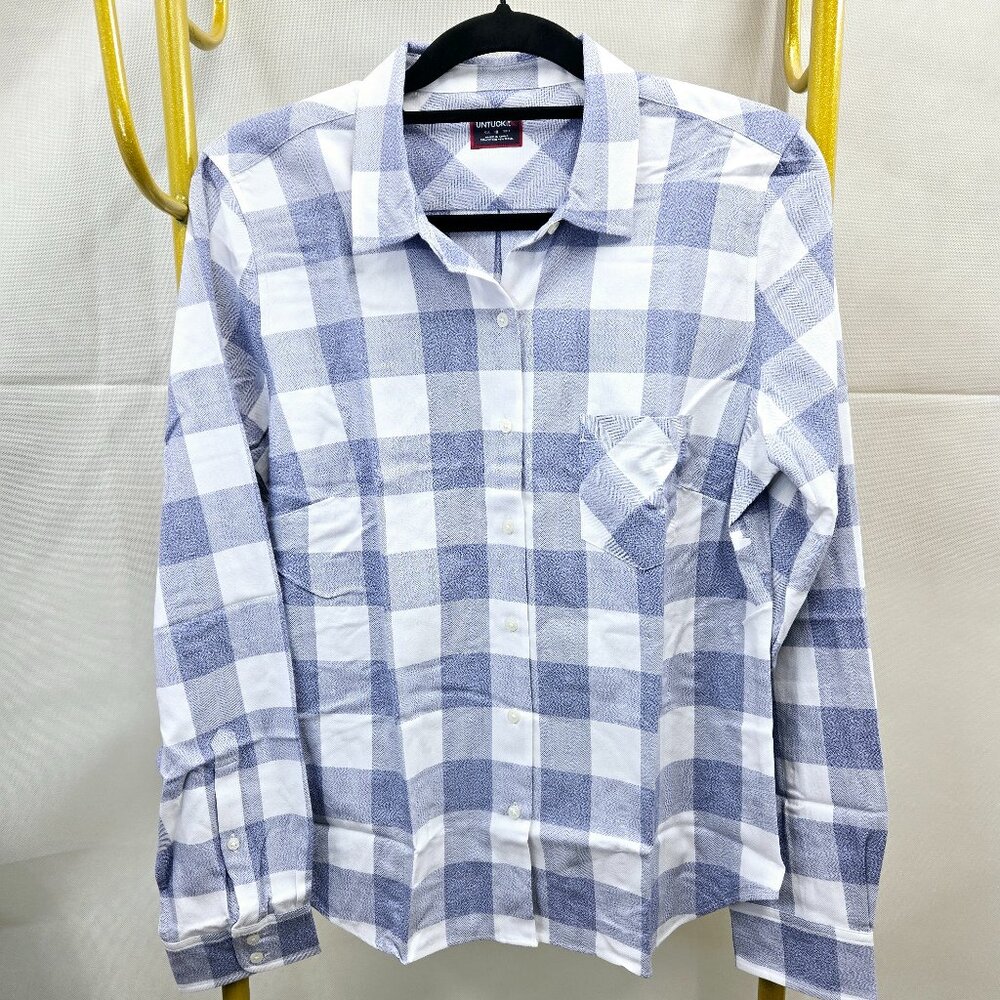 NWT UNTUCKit VOLNAY BLUE WHITE BUFFALO CHECK 60% COTTON 40% TENCEL SHIRT - Picture 2 of 8
